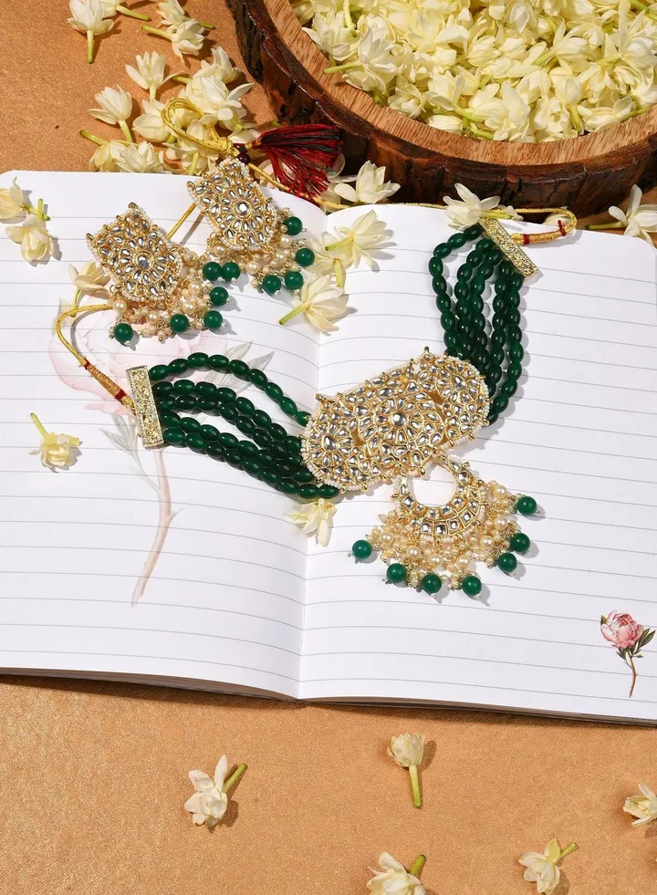 Gold Plated Designer Stone Beaded Necklace and Earring Set