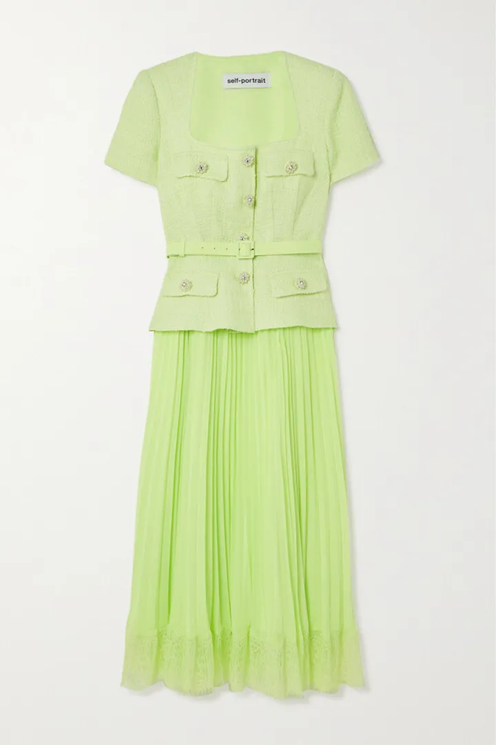 Self-Portrait - Belted Embellished Bouclé And Lace-trimmed Pleated Chiffon Midi Dress - Green