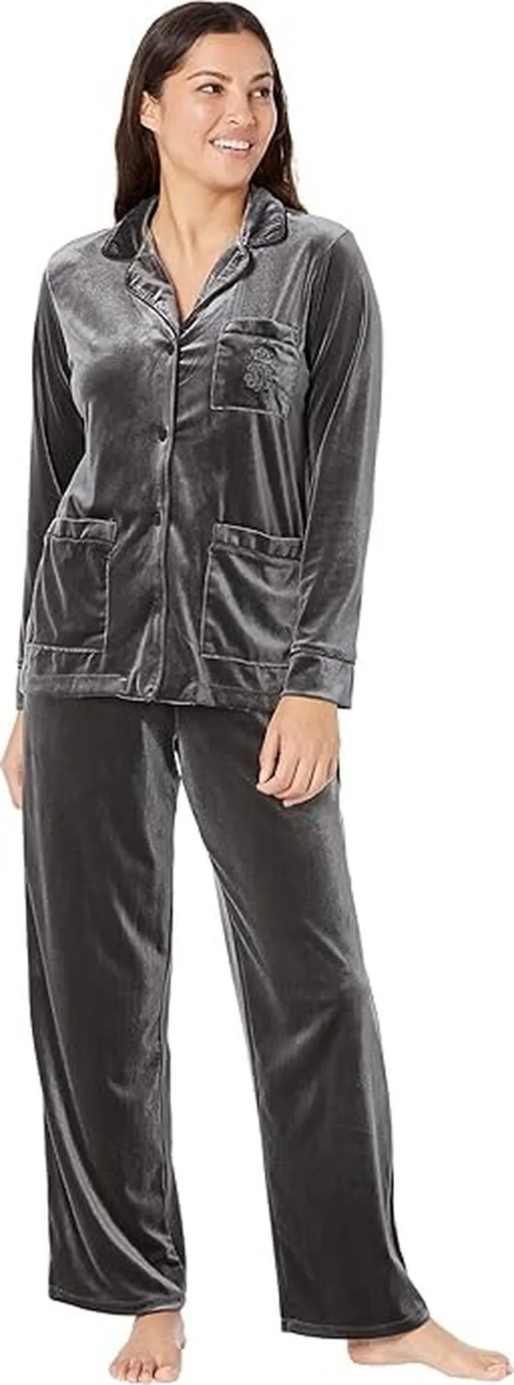 LAUREN Ralph Lauren Long Sleeve Velvet Notch Collar Long PJ Set (Grey) Women's Pajama Sets
