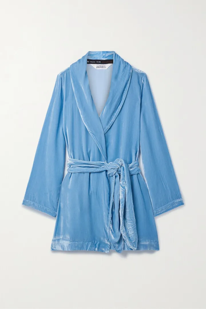 Sleeping with Jacques - Bon Vivant Belted Velvet Robe - Blue