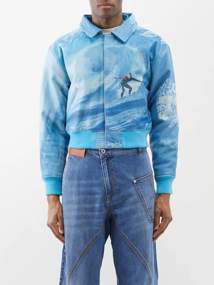 Surf-print Leather Bomber Jacket
