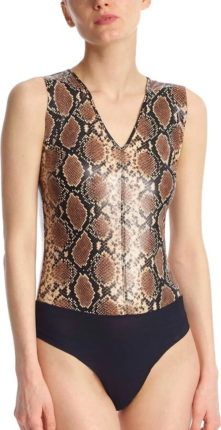 Faux Leather Animal V-Neck Bodysuit in Snake