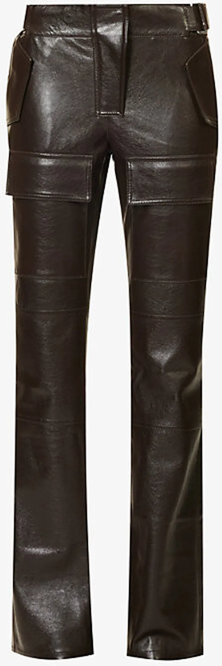 Womens Brown Panelled Patch-pocket Straight-leg Mid-rise Vegan Leather Trousers