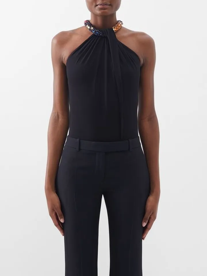 Halterneck Crystal-embellished Crepe Bodysuit