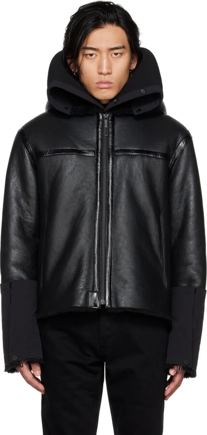 032c Black Shearling Hooded Leather Jacket