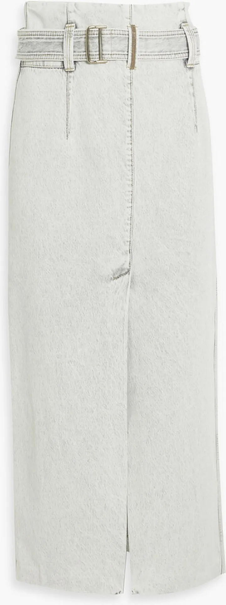 Bead-embellished belted denim midi skirt