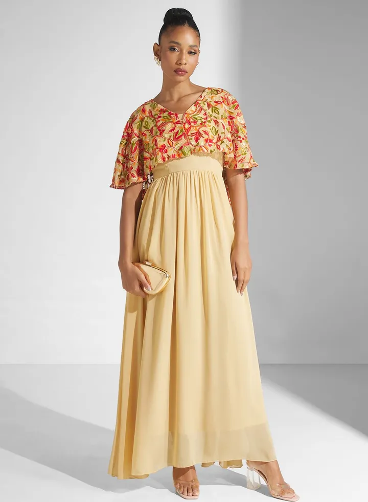 Embroidered Cape Sleeve Dress