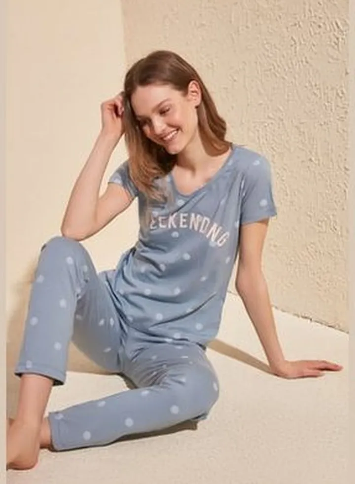 Blue Polka Dot Cotton T-shirt-Pants and Knitted Pajamas Set