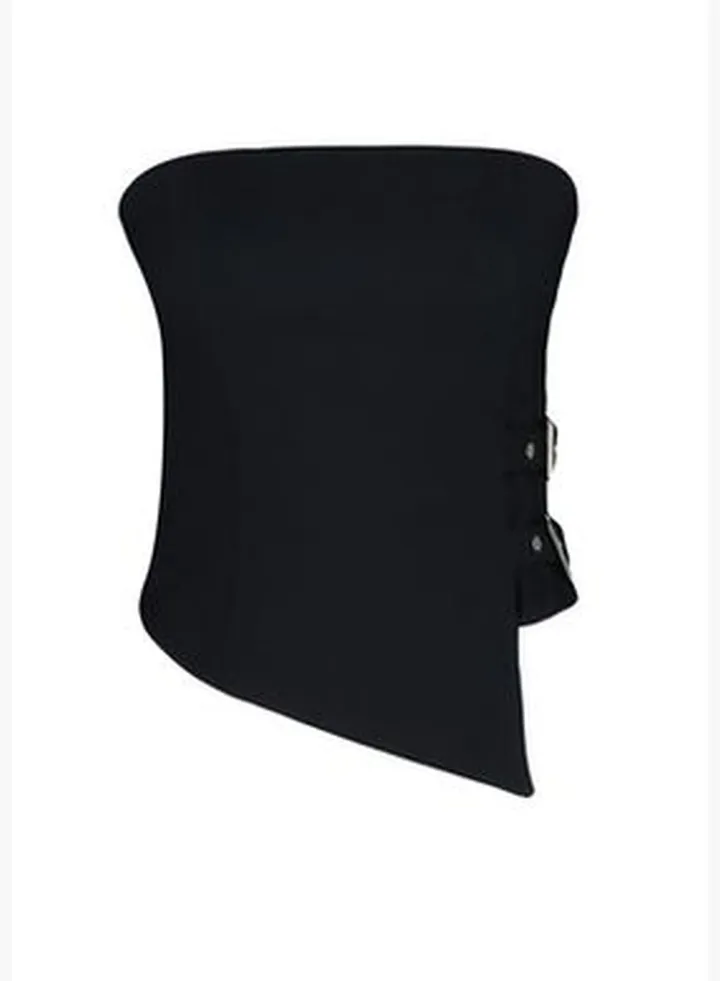 Black Strapless Fitted Belt Buckle Detailed Woven Blouse