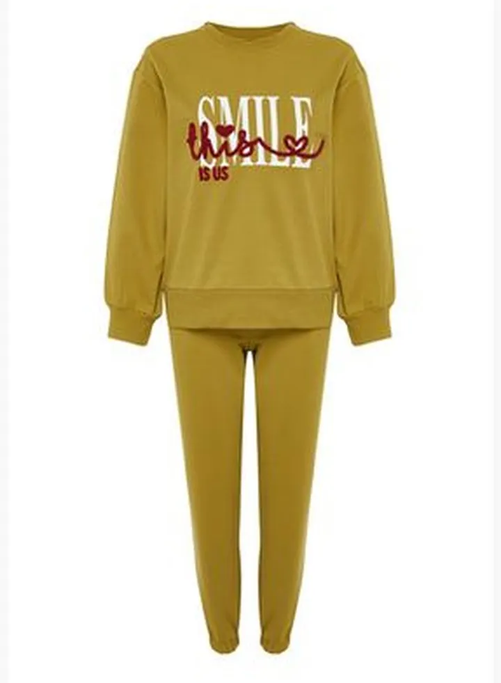Oil Green Printed Sweatshirt-Jogger Knitted Pajama Set