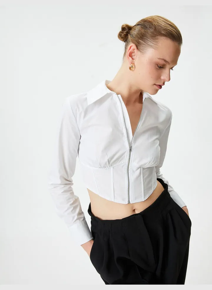 Cotton Corset Zipper Detail Crop Shirt
