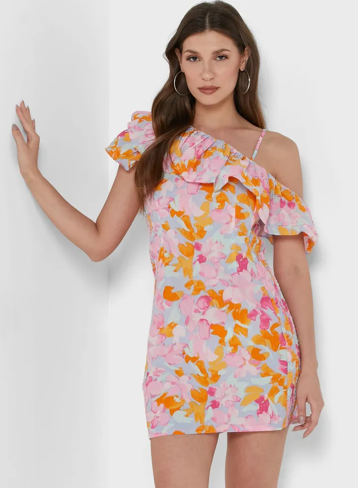 One Shoulder Ruffle Detail Dress