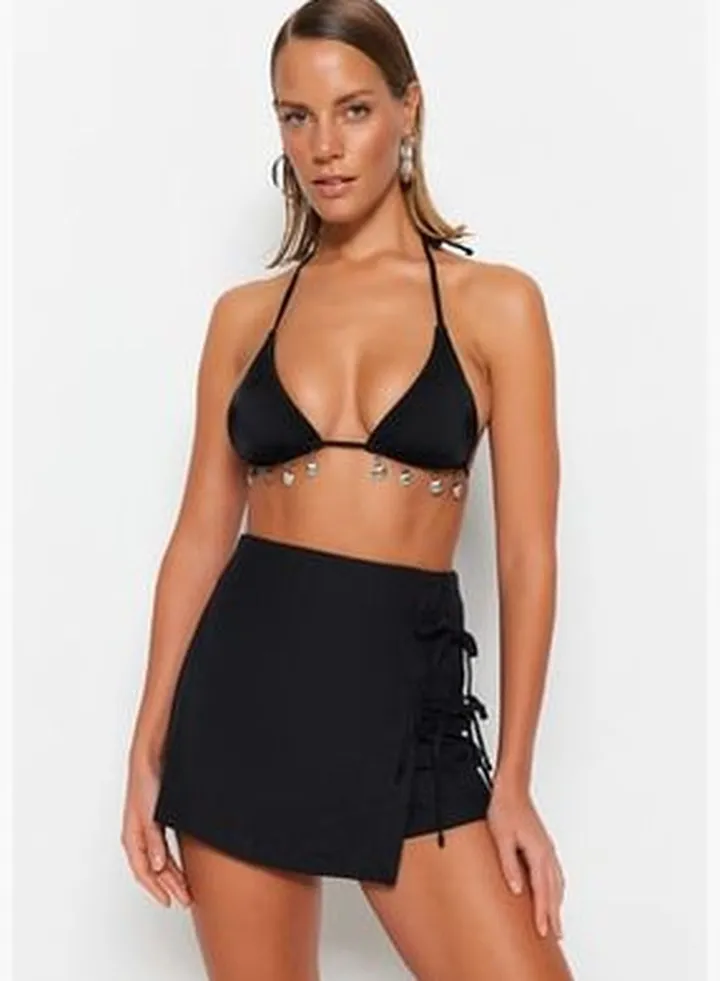 Black Woven Tie Short Skirt TBESS23SR00042