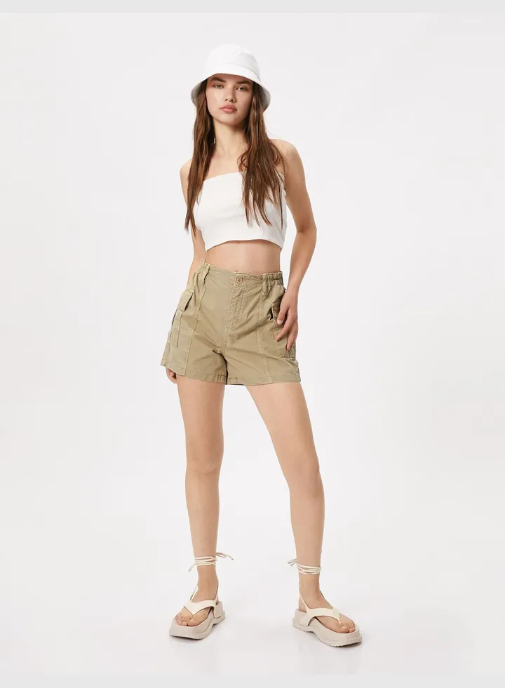 Cotton High Rise Pocket Detail Cargo Denim Shorts
