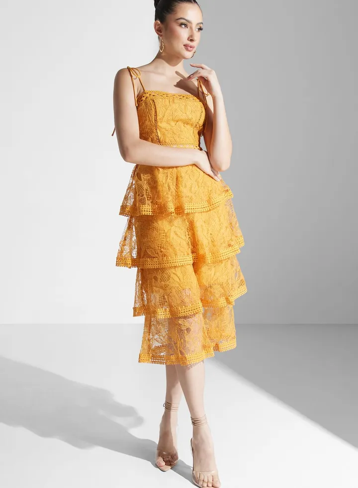 Embroidered Strappy Tiered Dress