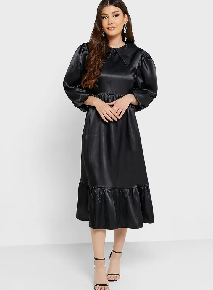 Balloon Sleeve Knitted Tiered Dress