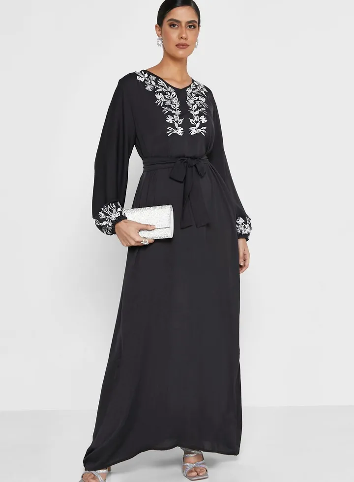 V-Neck Embellished Belted Jalabiya