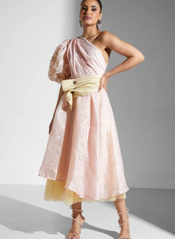 One Shoulder Balloon Sleeve Belted Dress