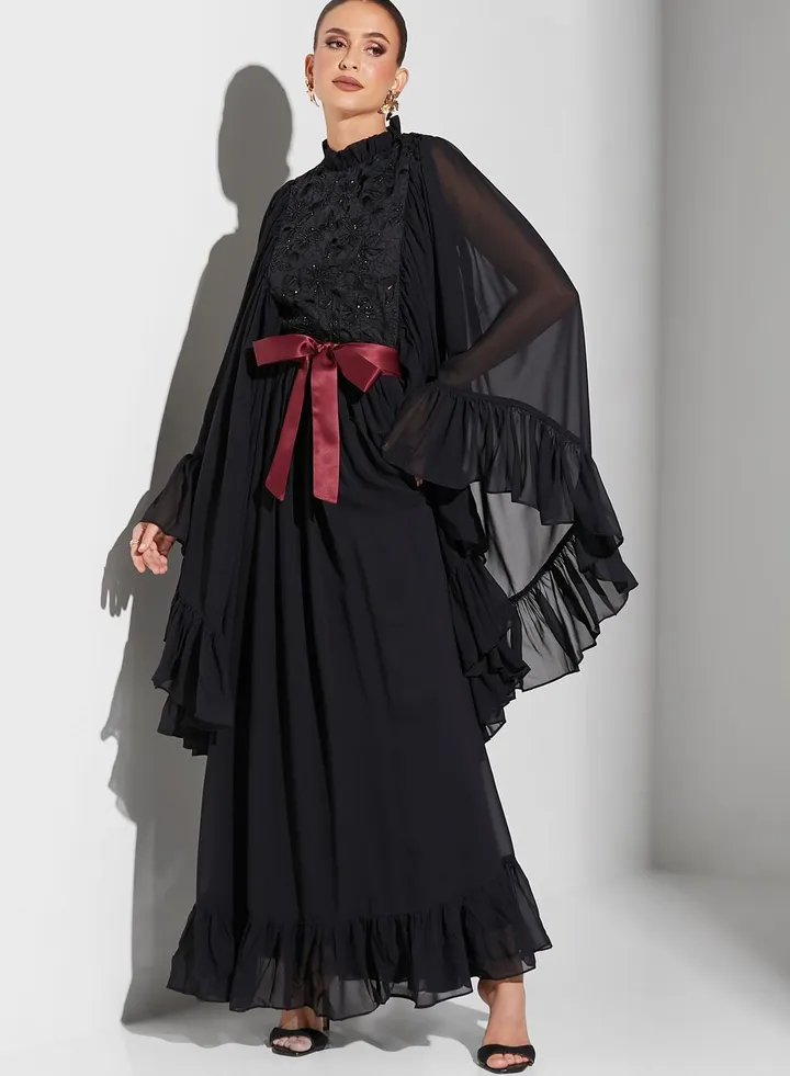 Wide Sleeve Ruffle Detail Dress