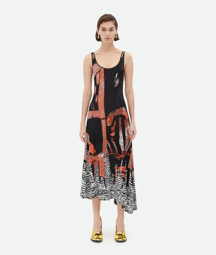 Graphic Viscose Jacquard Asymmetric Midi Dress