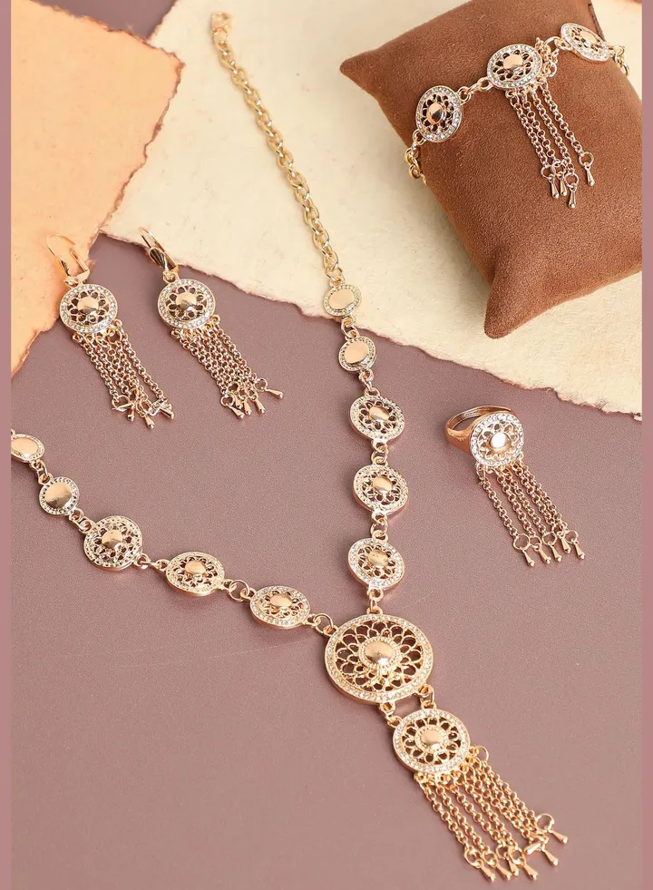 Gold Plated Designer Stone Necklace, Earring, Ring and Bracelet Set
