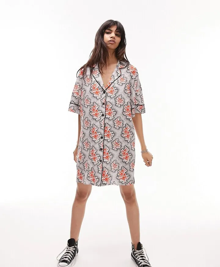 Topshop souvenir shirt dress in red and black floral