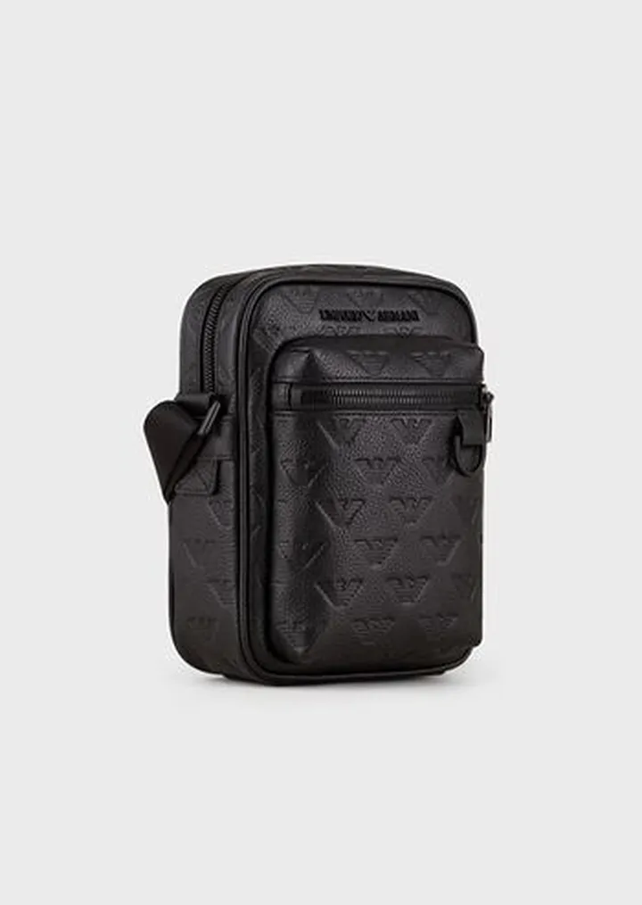 Leather crossbody bag with all-over embossed eagle