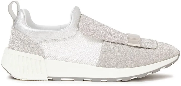 Glittered leather and mesh slip-on sneakers