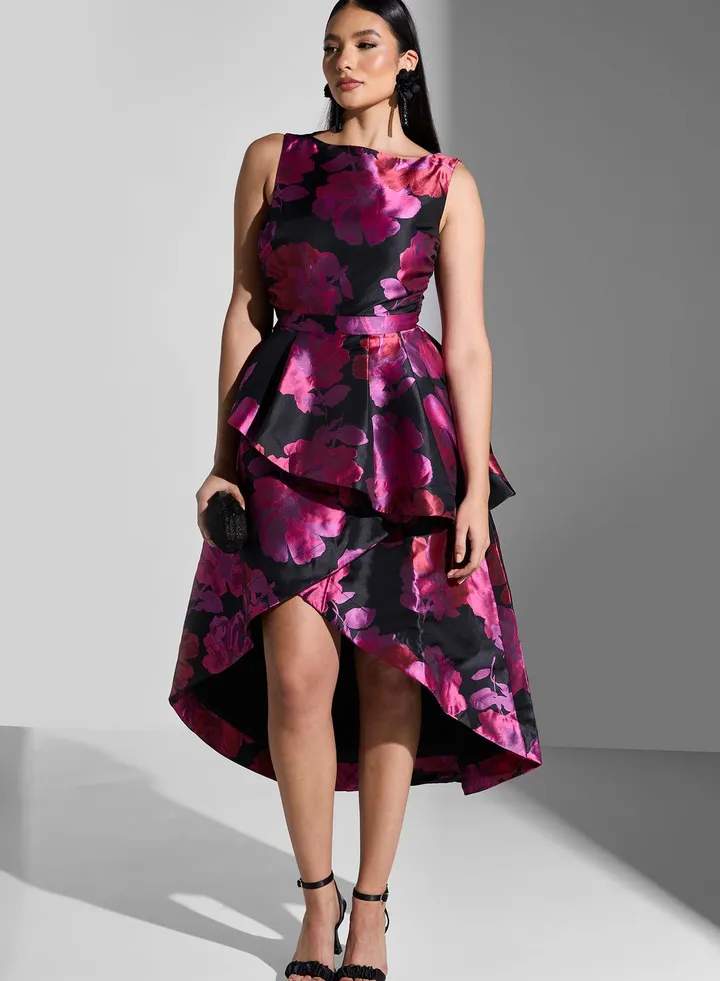 Floral Print Ruffle Asymmetrical Hem Dress