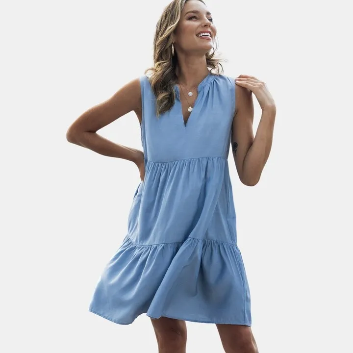 Women's Sleeveless V-neck Pleated Dress -Cupshe-M-Blue
