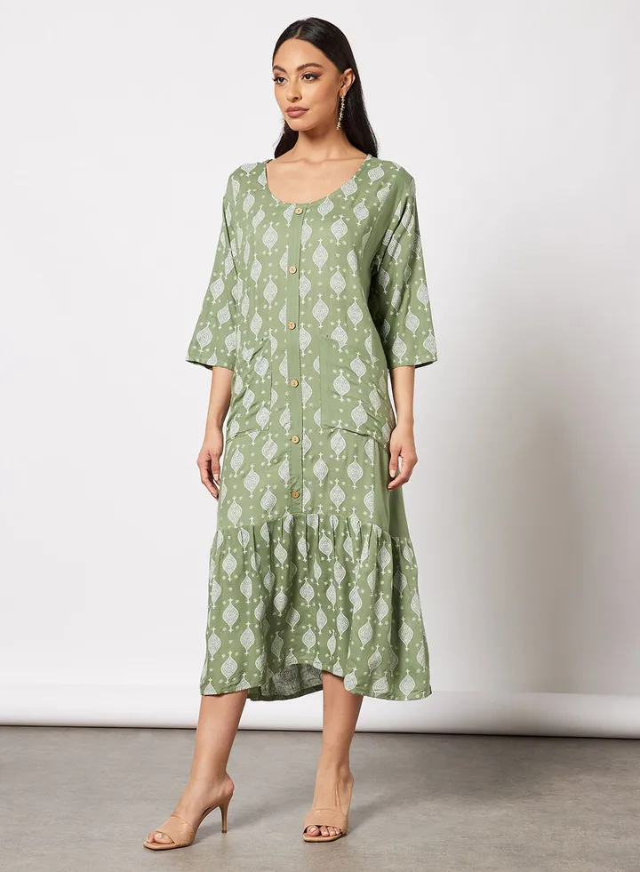 Casual Cotton Printed Round Neck All Over Jalabiya With Facemask For Women
