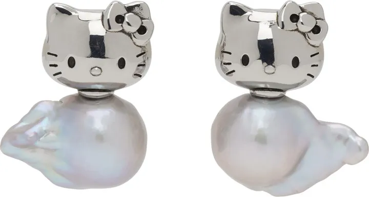 Jiwinaia Silver Hello Kitty Pet Pearl Earrings