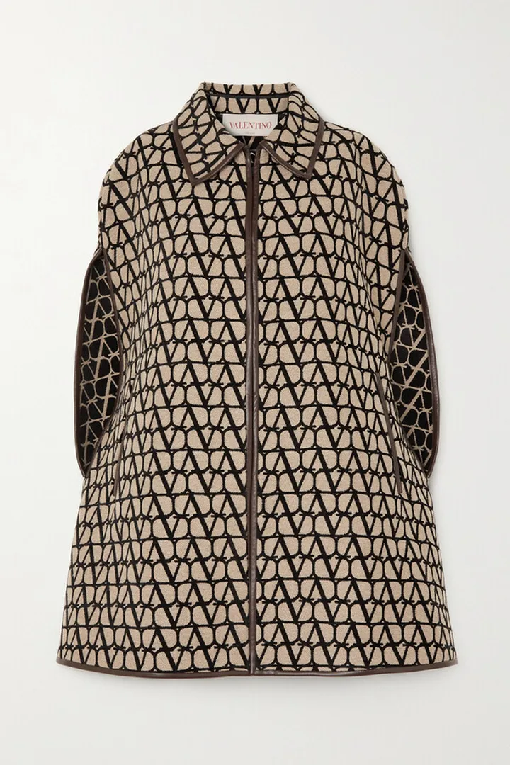 Valentino Garavani - Leather-trimmed Canvas-jacquard Cape - Brown