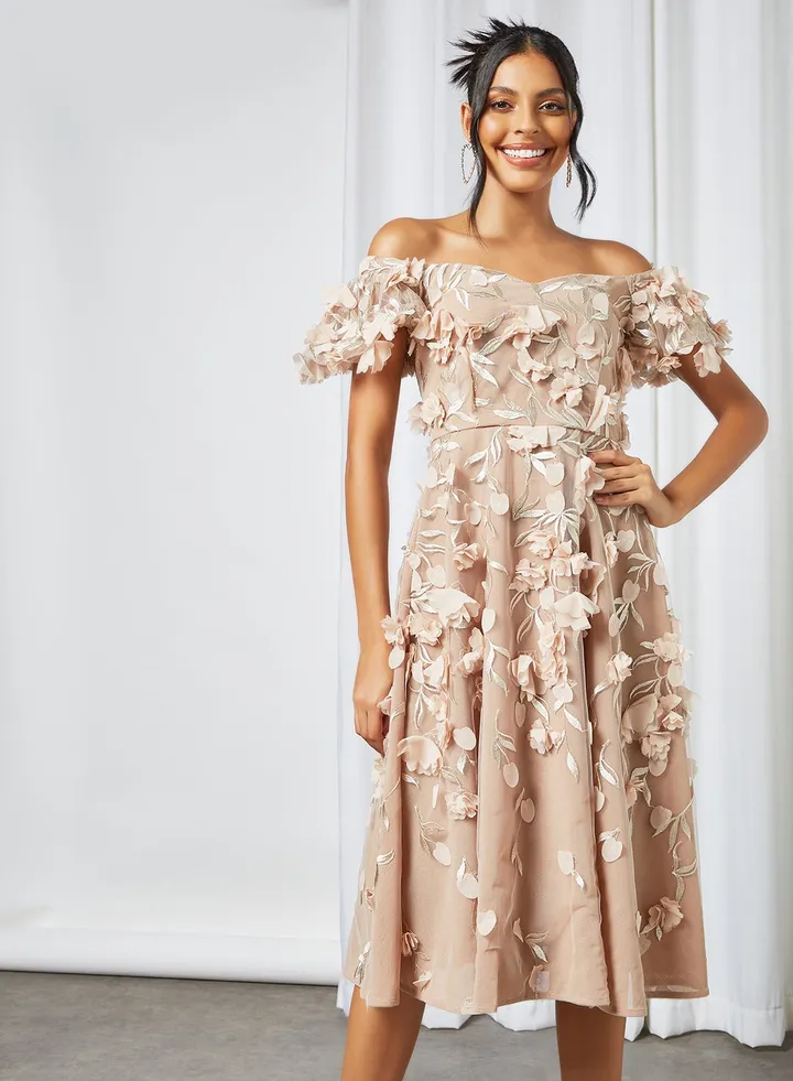 Joelle Floral Applique Dress Beige