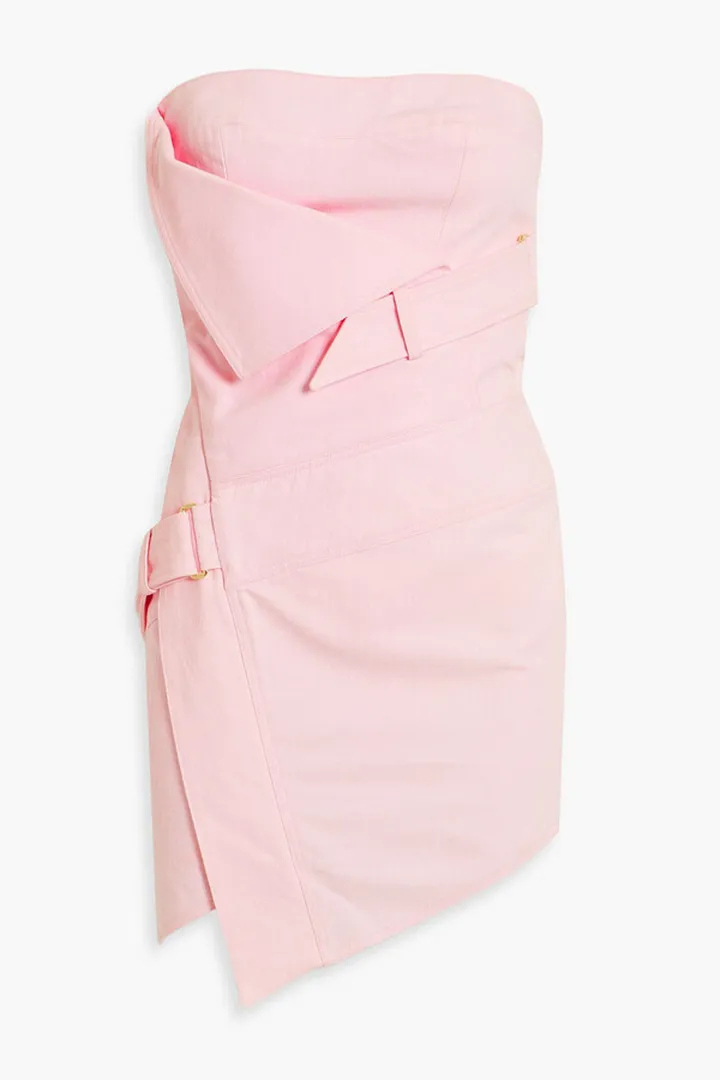 Strapless asymmetric denim mini dress