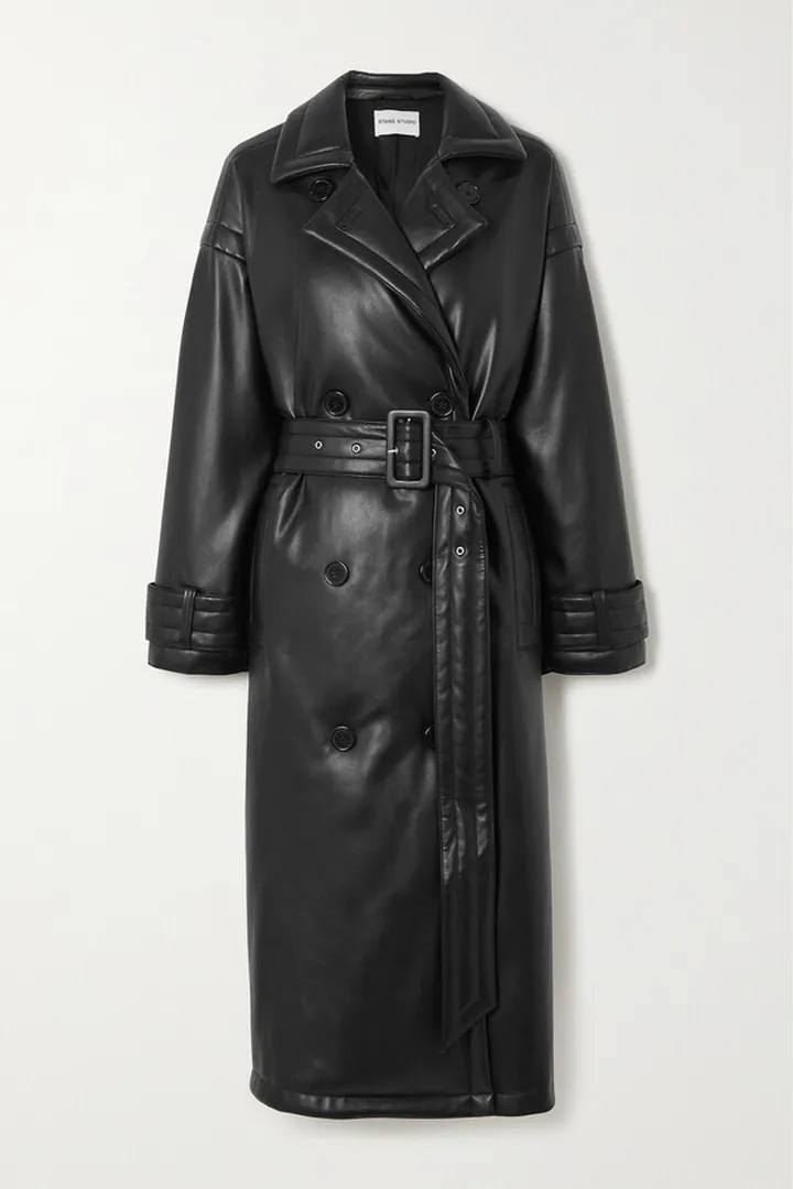 Stand Studio - Emily Belted Padded Faux Leather Trench Coat - Black