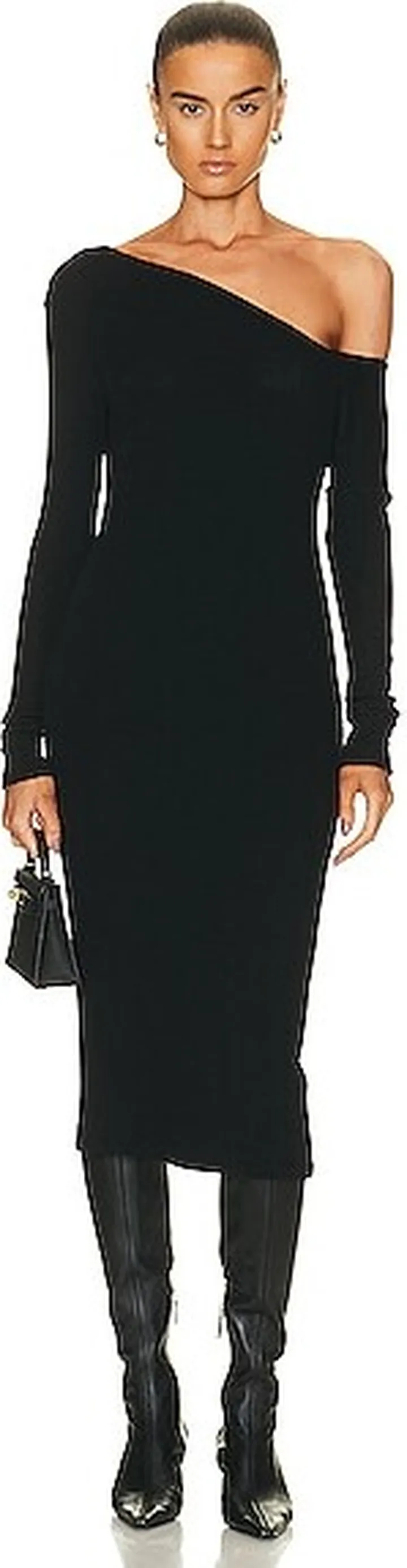 Enza Costa Sweater Knit Slouch Shoulder Dress in Black