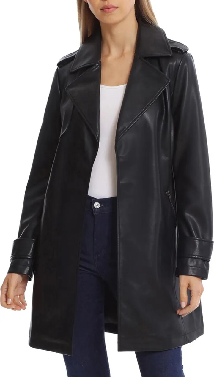Womens Faux Leather Topper Trench Coat