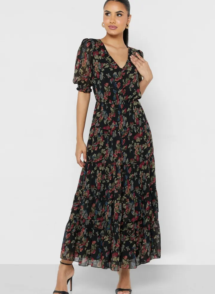 Floral Print Ruffle Detail Balloon Sleeve Dress