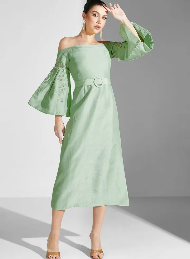Bardot Flute Sleeve Belted Dress