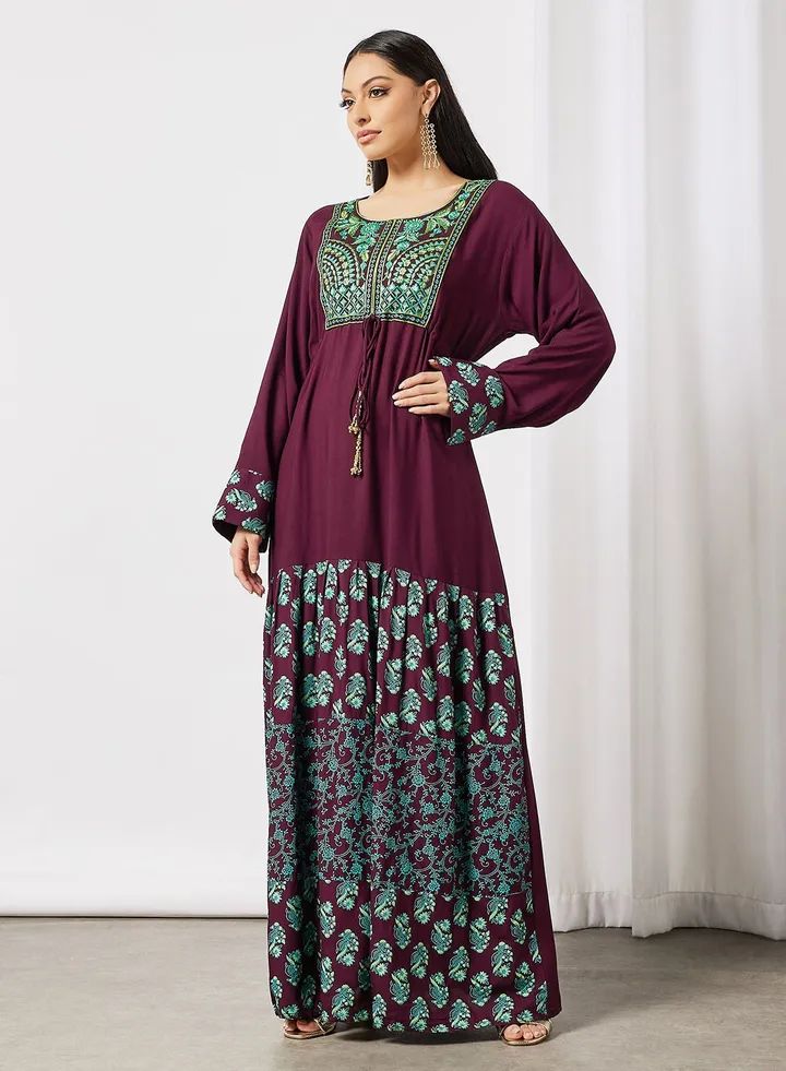 Drawstring Waist Embroidered Jalabiya