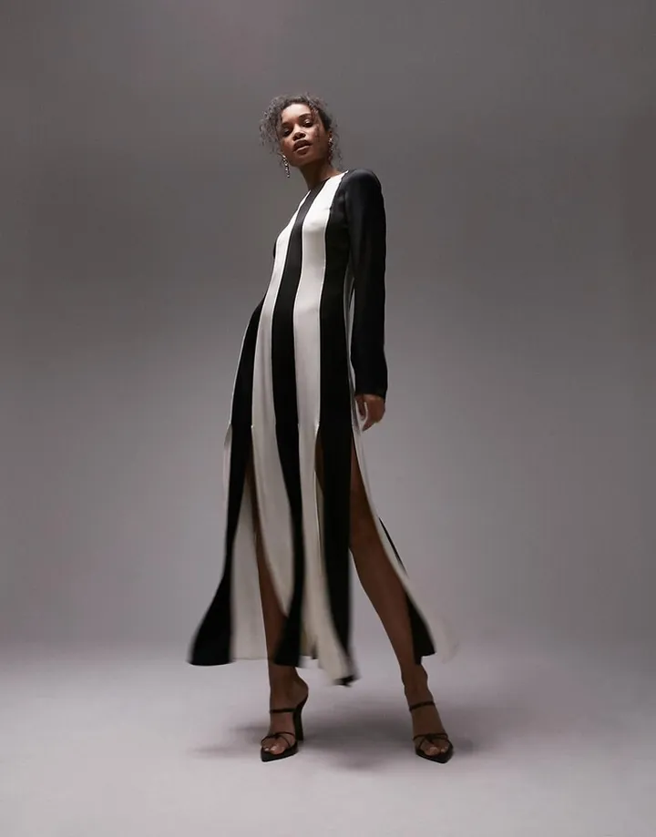 Topshop long sleeve contrast panel midi dress in black and white