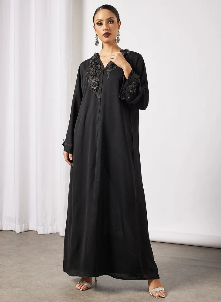 Abaya Dress With Front And Cuffs Handwork
