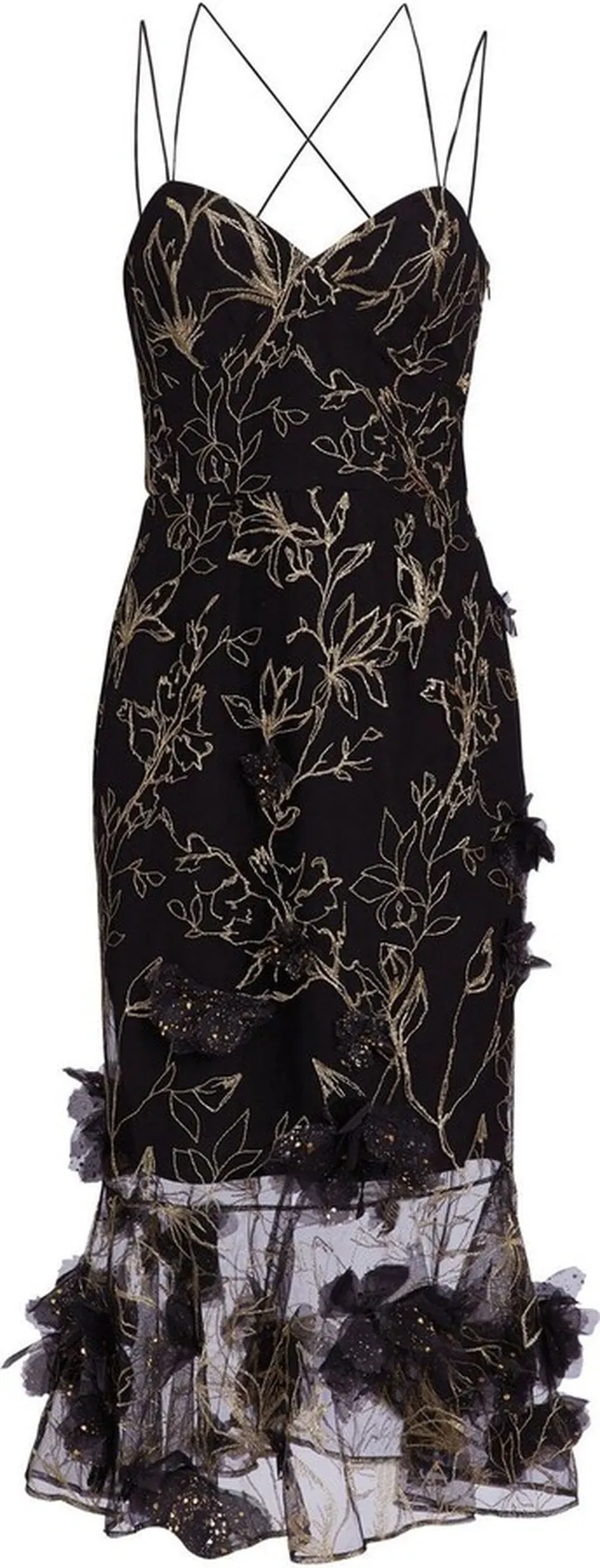 Floral-Appliqué Embroidered Midi Dress