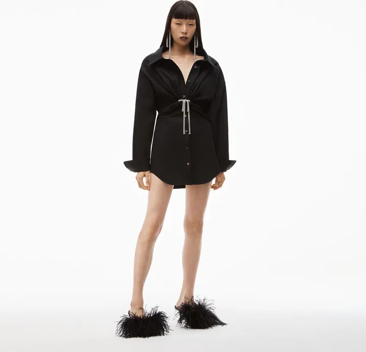 Alexander Wang Women's Crystal Tie Twist Dress In Cotton Poplin Black