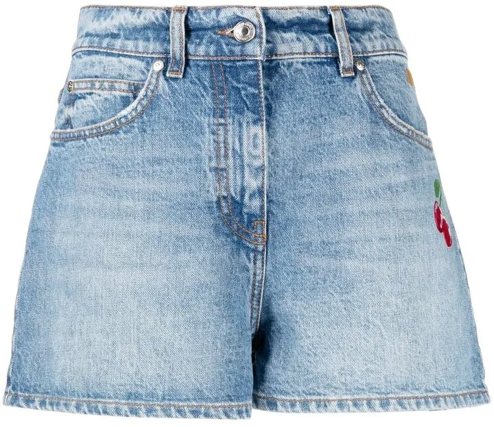 Cherry-Embroidery Denim Shorts