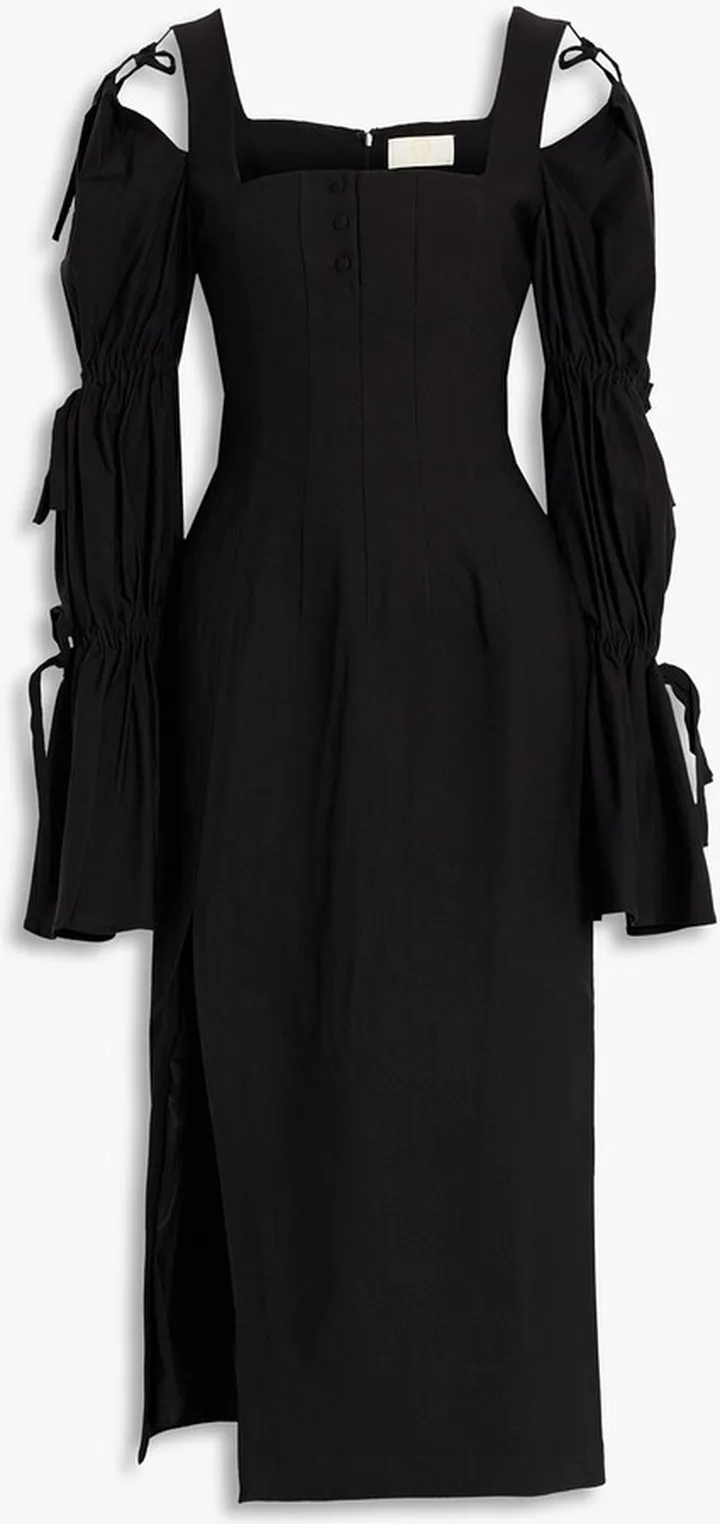Cold-shoulder ruched poplin midi dress