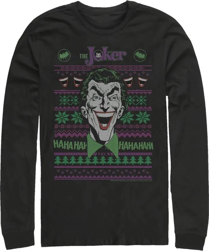 Men's Batman Ugly Christmas Joker Laugh Long Sleeve Shirt - Black - Large