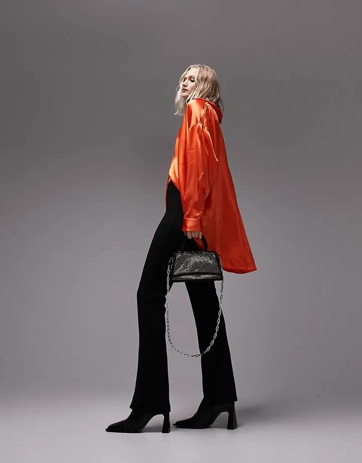 Topshop premium oversized satin shirt in orange