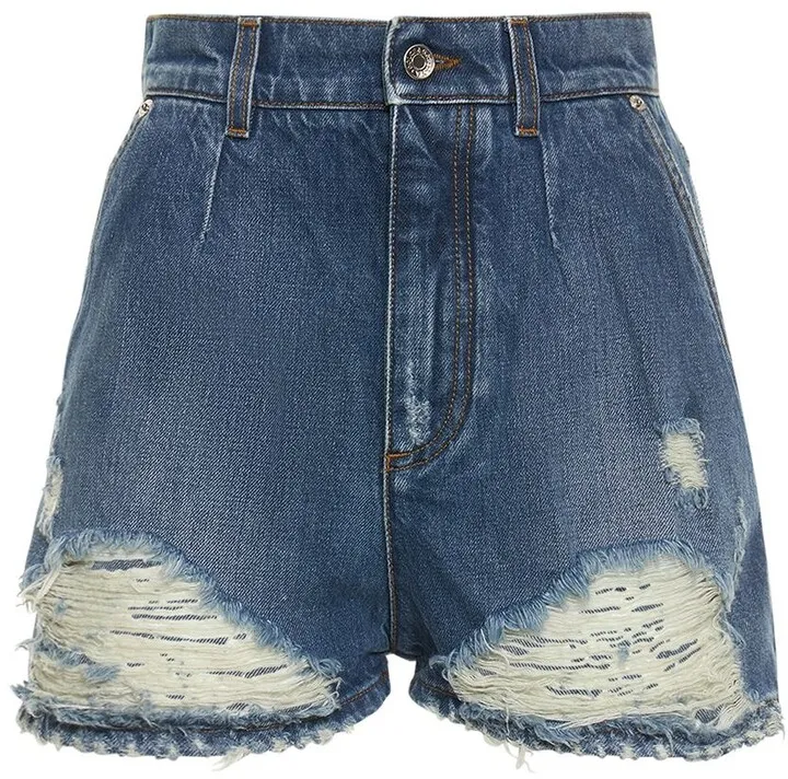 Ripped cotton denim mini shorts